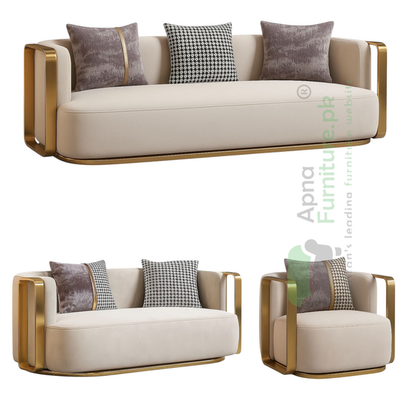 Zort 6 Searer Sofa Set in Solid Wood and High Gloss Golden Metal