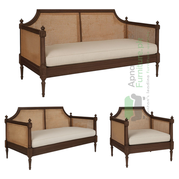 Classic 6 Seater Sofa Set on Solid Wood and Rattan