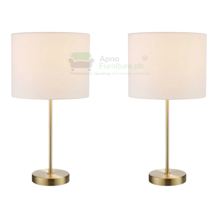 Two table lamps with beige shades and gold bases on a white background, branded 'Apna Furniture'.