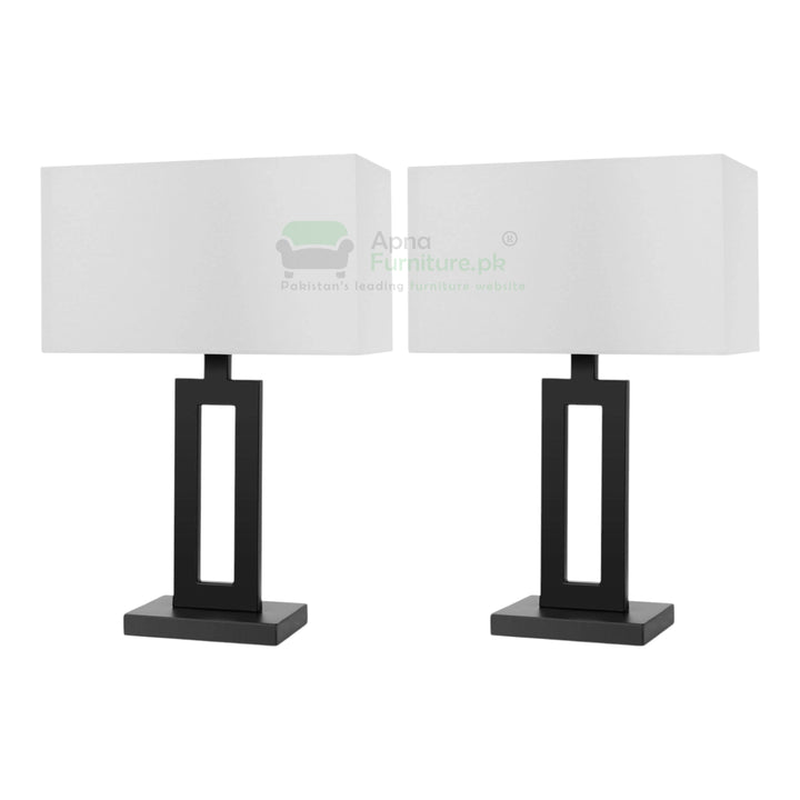 Two table lamps with white lampshades and black bases on a white background.