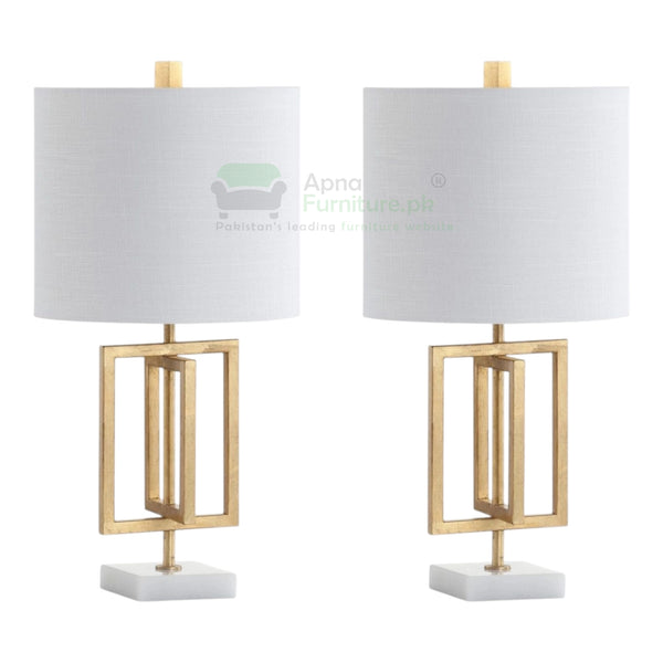 Two table lamps with gold frames and white lampshades on a white background.