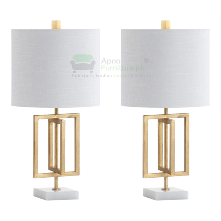 Two table lamps with gold frames and white lampshades on a white background.