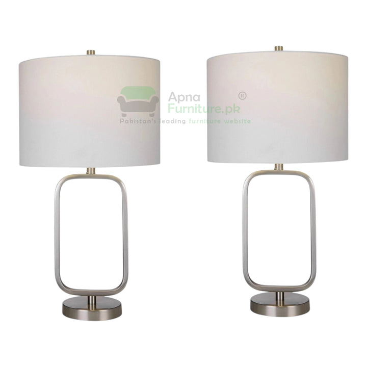Two table lamps with white shades and metallic bases on a white background.