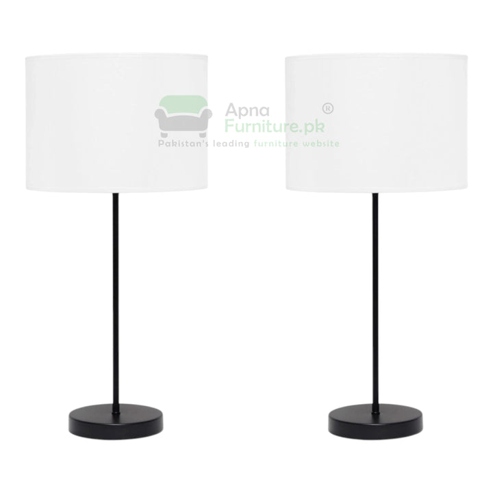 Two table lamps with white lampshades and black bases on a white background, branded 'Apna Furniture'.