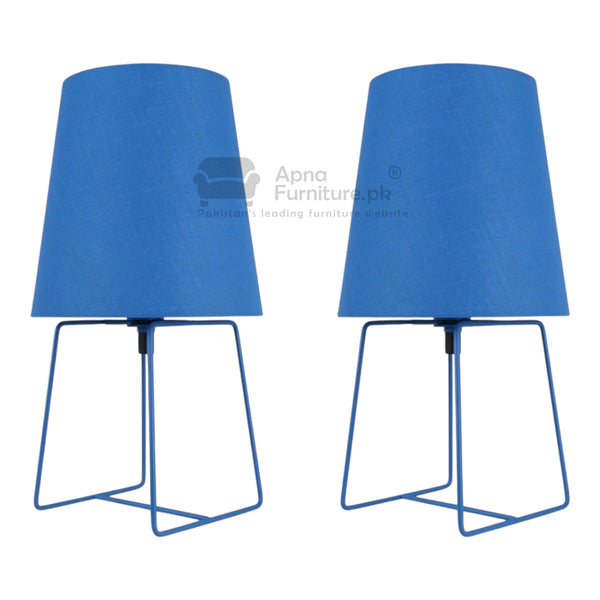 Two blue table lamps with wire bases on a white background, branded 'Apna Furniture'.