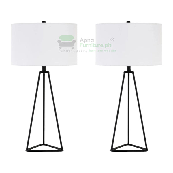 Two table lamps with black metal bases and white lampshades on a white background, branded 'Apna Furniture'.