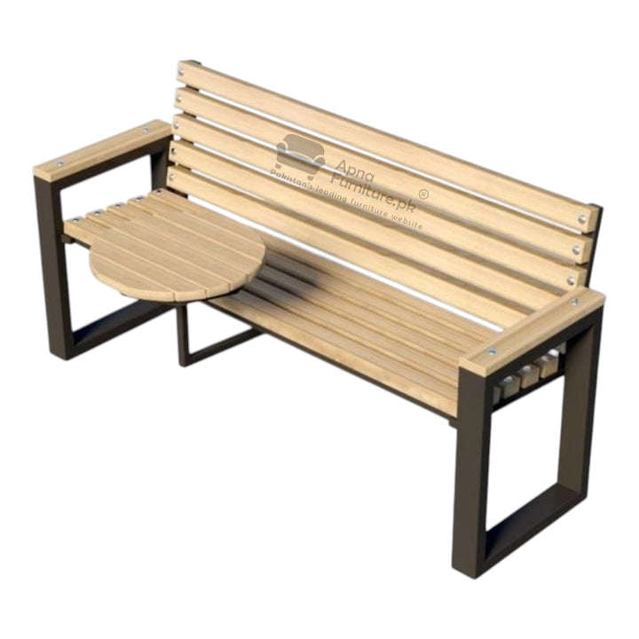 Wooden bench with black metal frame and attached table