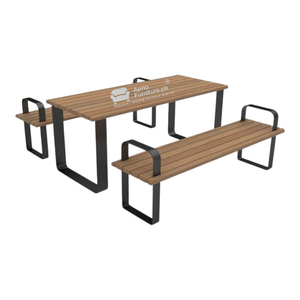 Wooden outdoor table and bench set with black metal legs 
