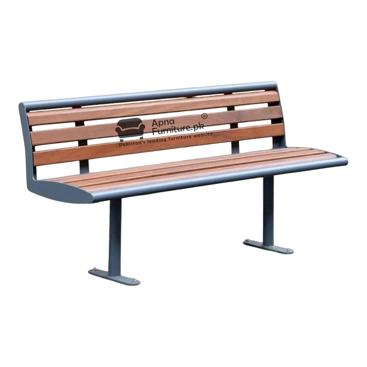 Wooden bench with metal frame on a white background