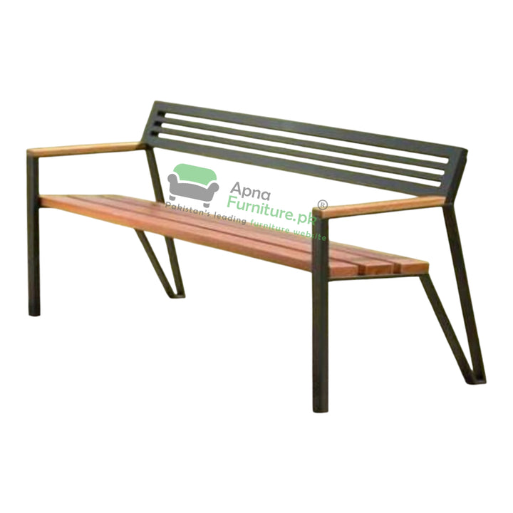 Wooden bench with metal frame on a white background, featuring the 'Apna Furniture' logo.