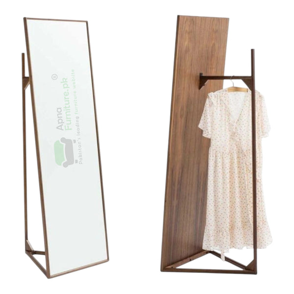 Wooden clothing rack with a mirror and a white dress 