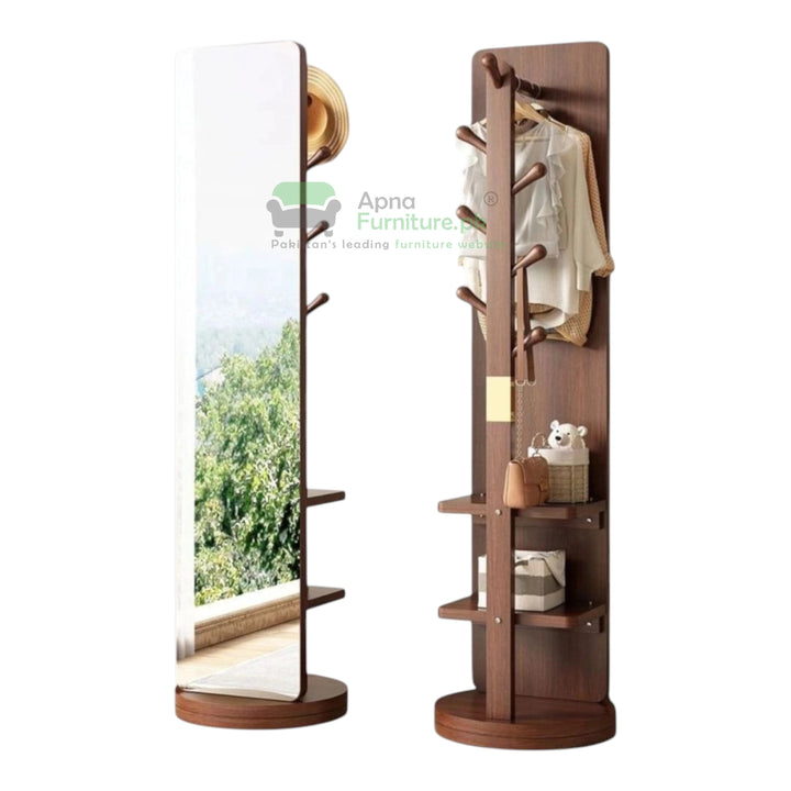 Wooden standing mirror with coat rack and shelves