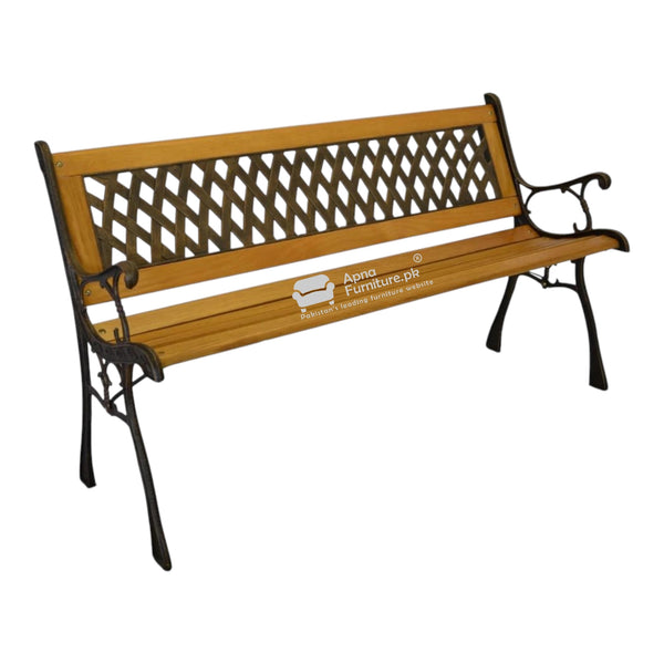 Wooden bench with metal lattice backrest and armrests
