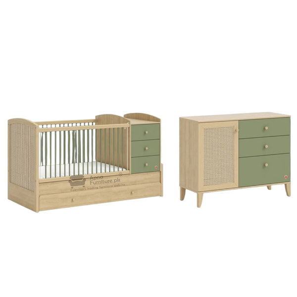 Baby crib and dresser set with wooden and green finishes 