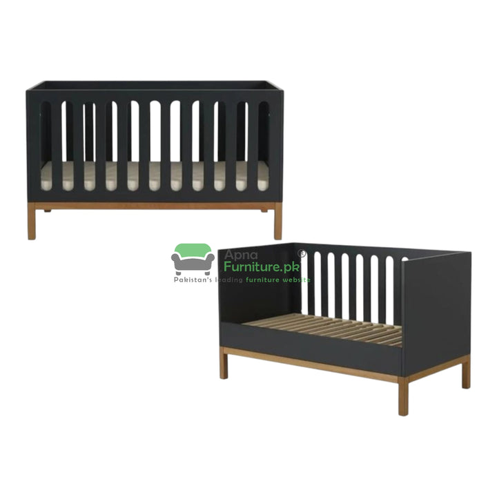Black crib with wooden frame on a white background, branded 'Apna Furniture'.