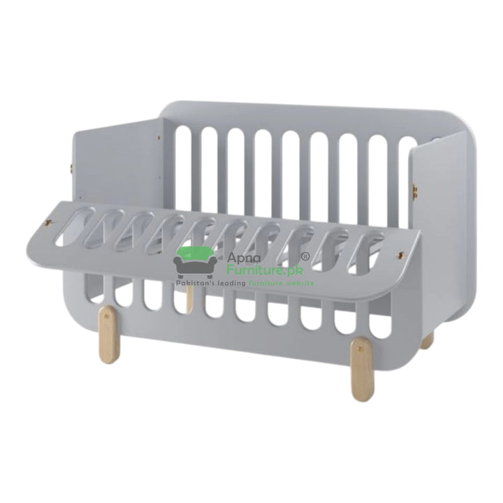 Gray crib with wooden legs 