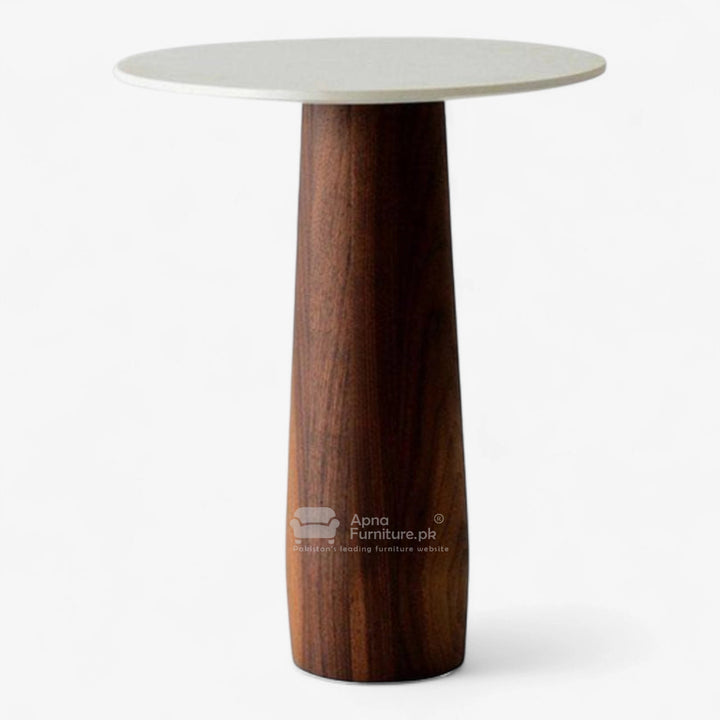 Small round center table with a white top and wooden base on a white background