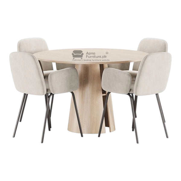 Round dining table with six chairs on a white background