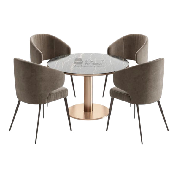 Round glass table with four brown chairs on a white background
