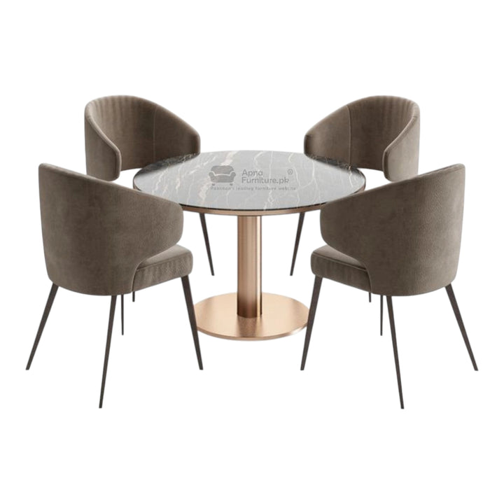 Round glass table with four brown chairs on a white background