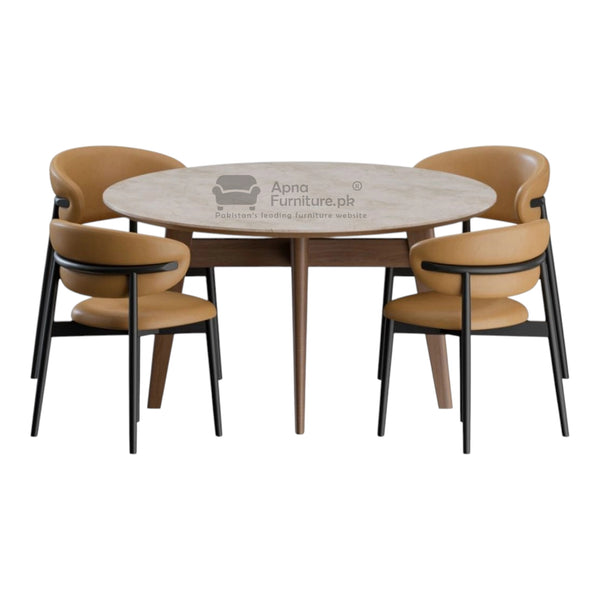 Dining table set with four chairs on a white background, featuring 'Apna Furniture.pk' branding.