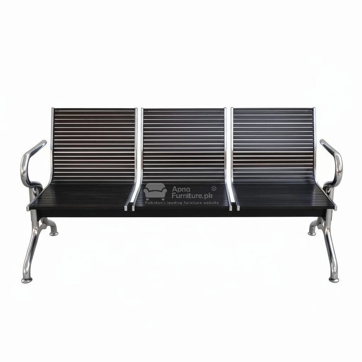 Three-seater bench with black seat and silver metal frame on Apnafurniture.pk