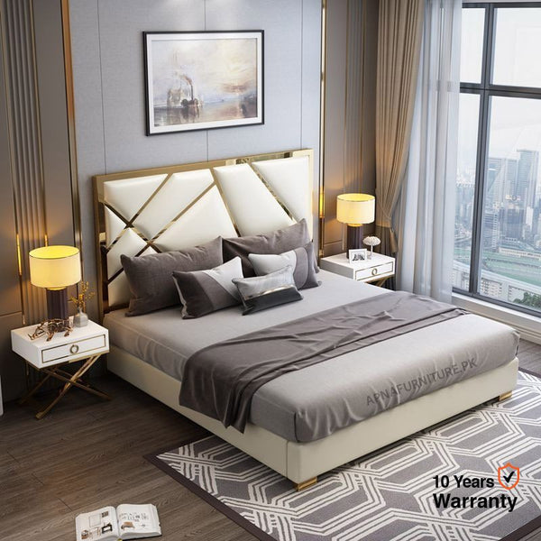 Buy Liver Brass Upholstered Double Bed (Bed + 2 Side Tables) at Best Price Online in Pakistan on Apnafurniture.pk