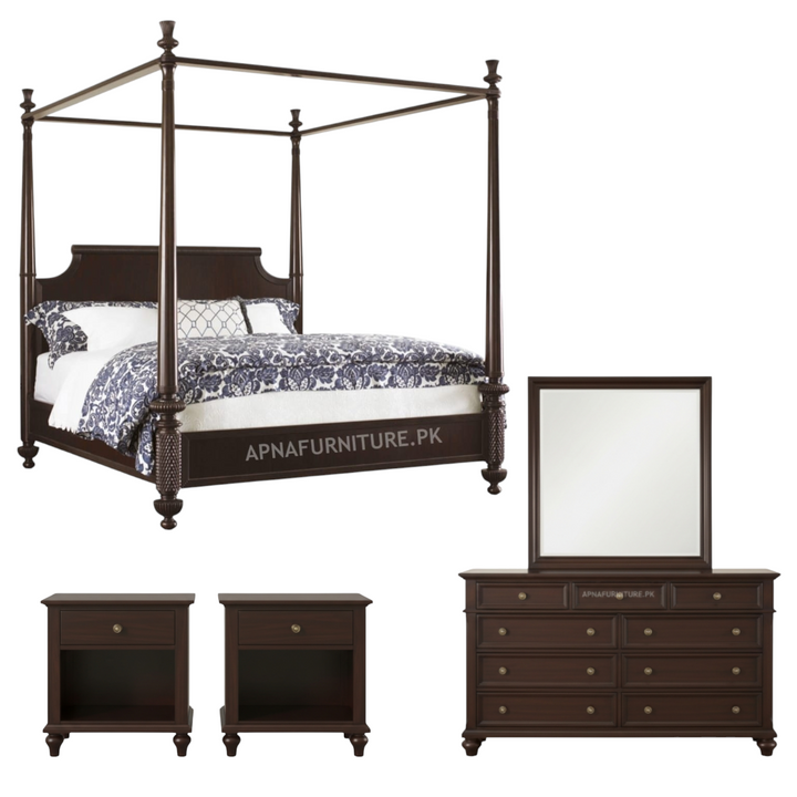 Dark wood bedroom furniture set with canopy bed, dresser, nightstands, and mirror on a white background.
