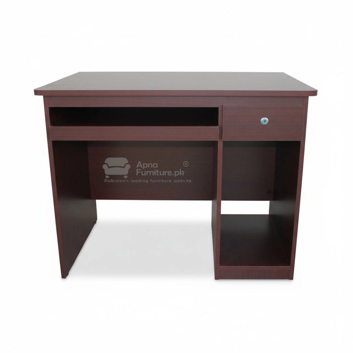 Wooden desk with a drawer on a white background,