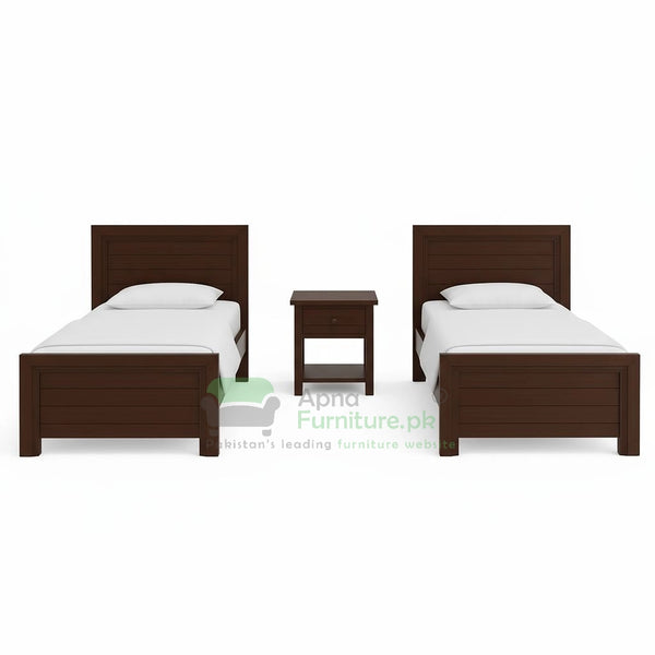 Rover Two Single Beds with one Side Table in solid wood Structure and Deco Paint Finish
