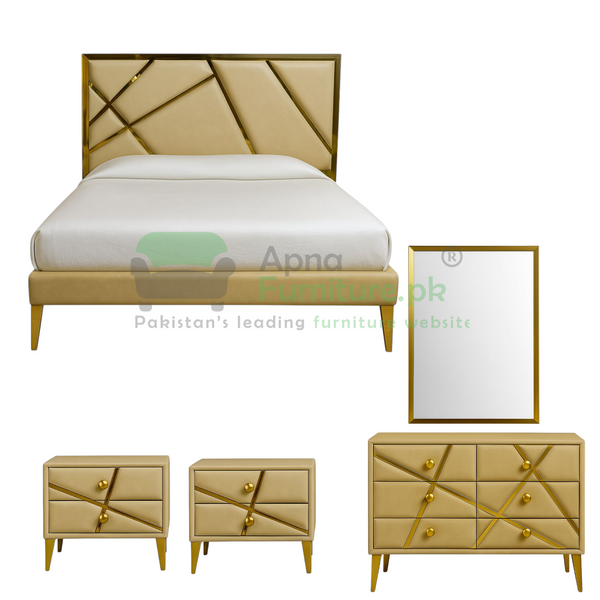 Prime Double Bed Set in High Gloss Golden Metal Frame
