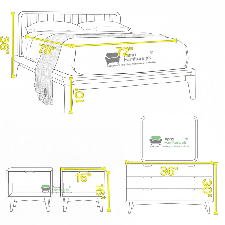 Labeeba Wooden Double Bed Set with 2 Nightstands and Dressing Table wi ...