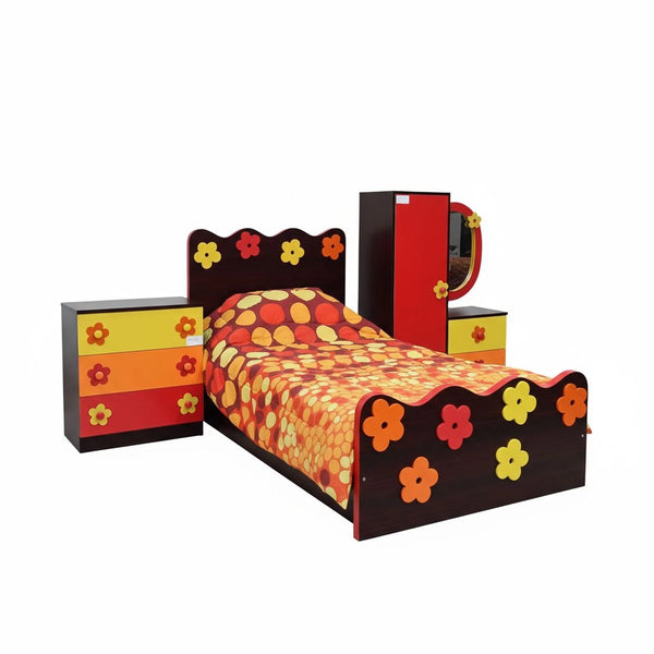 Flowers 6-Piece Bed Set for Kids (Single Bed + One Side Table + One Cabinet + Dresser + Mirror + Study Table)