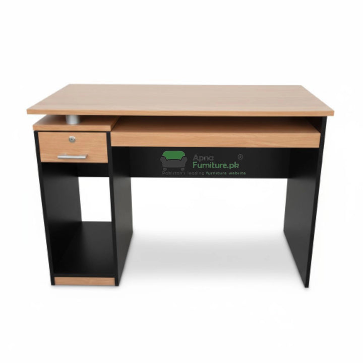 Wooden desk with a drawer on a white background