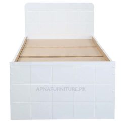 single bed in white colour with wooden mattress planks