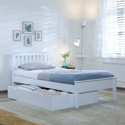 white colour single bed with storage box underneath