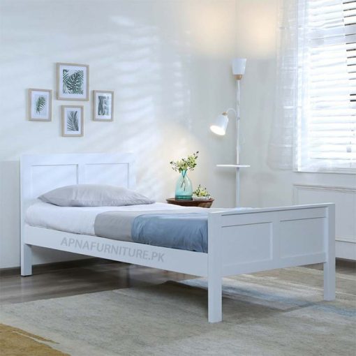single bed in white colour with keekar wood frame and deco paint finish