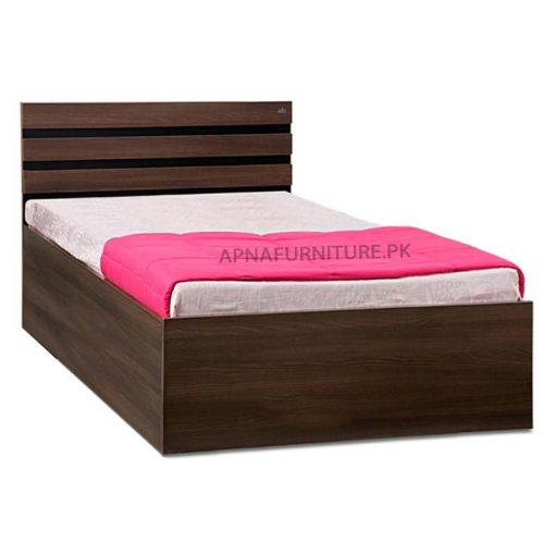 single bed in laminated sheet and brown wood grains with design on the back