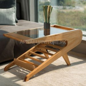wooden coffee table with glass top