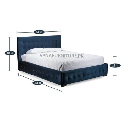 double bed with dark blue upholstery