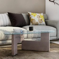 elegant coffee table with wooden base and glass top