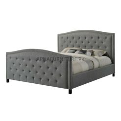 double bed in solid wood frame and fabric upholstery in grey colour