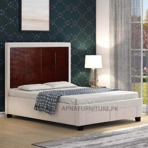 double bed with wooden back and storage options