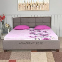 double bed in grey colour fabric with wooden lining
