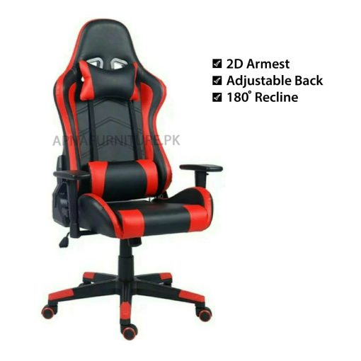 gaming chair with back and head cushion, adjustable arms, reclining back