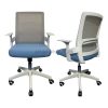 white office staff chair with blue seat