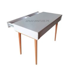 computer table in white colour with beech wood legs