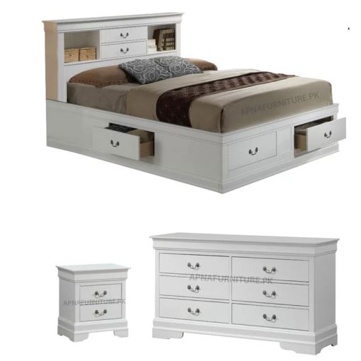 white colour lasani wood bed set in deco paint finish