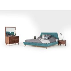 complete bed set for wedding in upholstered bed and polished side tables and dressing table
