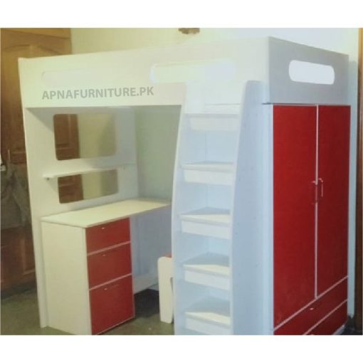 Red bunk bed with study table